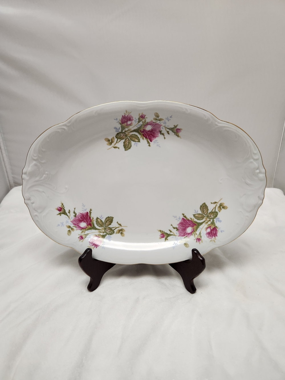 Porcelain Serving Platter with Pink Rose Motif and Gold Trim